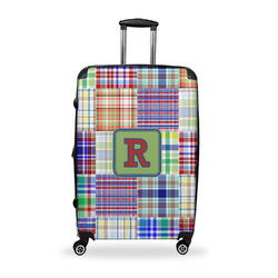 Blue Madras Plaid Print Suitcase - 28" Large - Checked w/ Initial