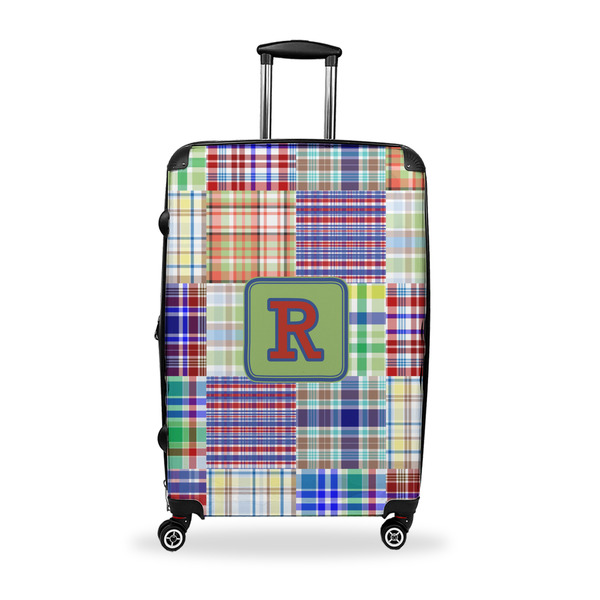 Custom Blue Madras Plaid Print Suitcase - 28" Large - Checked w/ Initial