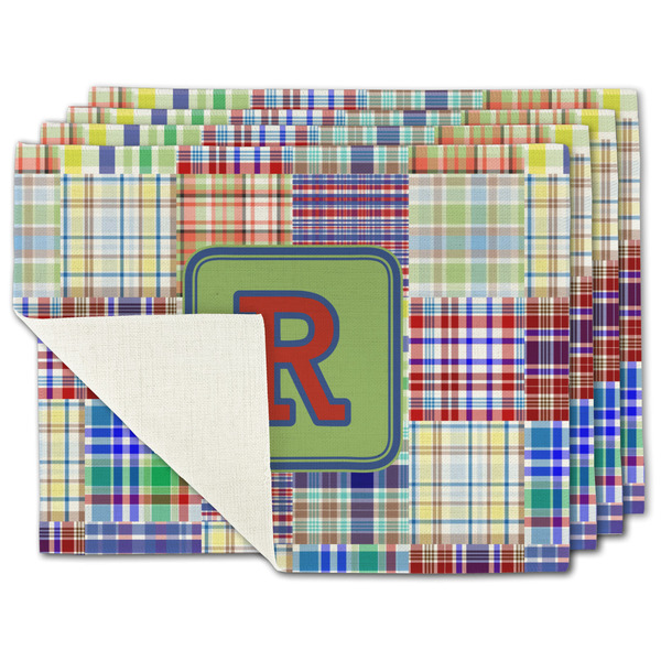 Custom Blue Madras Plaid Print Single-Sided Linen Placemat - Set of 4 w/ Initial