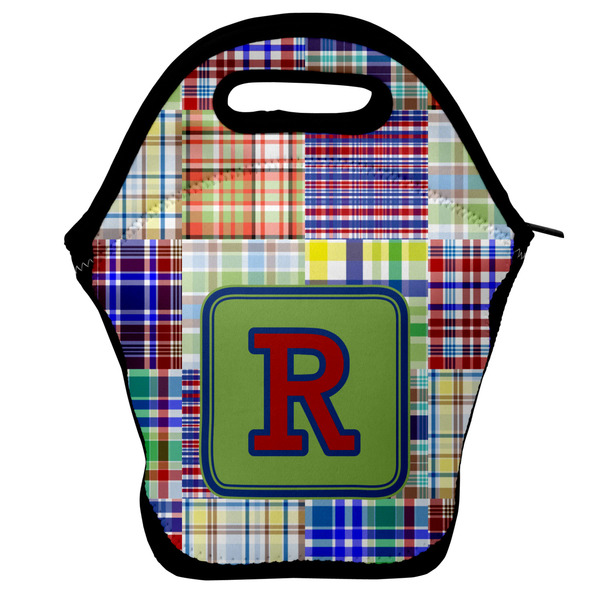 Custom Blue Madras Plaid Print Lunch Bag w/ Initial
