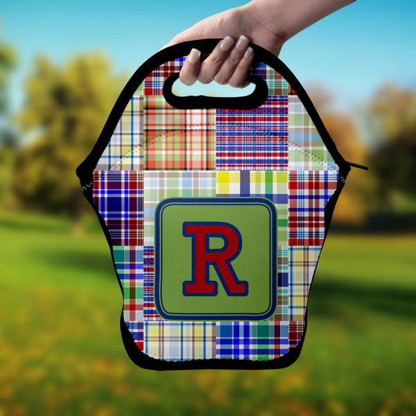 Blue Madras Plaid Print Lunch Bag - Hand