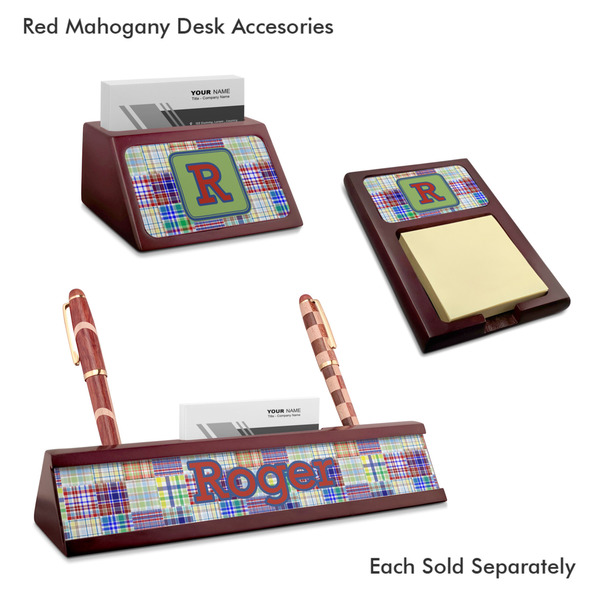 Blue Madras Plaid Print Mahogany Desk Accessories