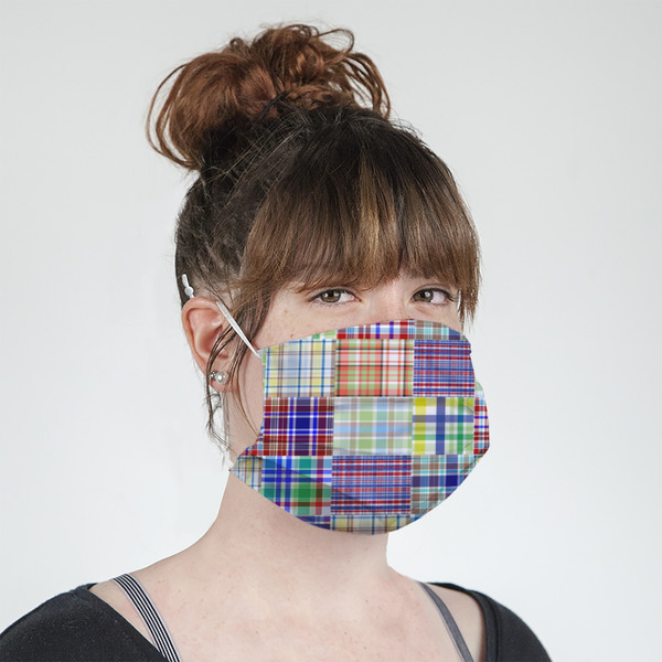 Blue Madras Plaid Print Mask - Quarter View on Girl