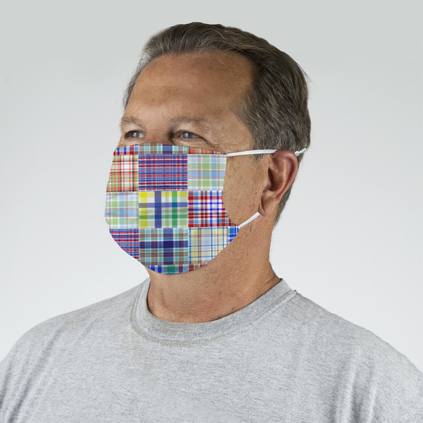 Blue Madras Plaid Print Mask - Quarter View on Guy