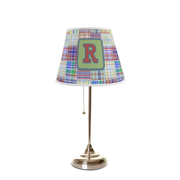 Blue Madras Plaid Print Poly Film Empire Lampshade - On Stand