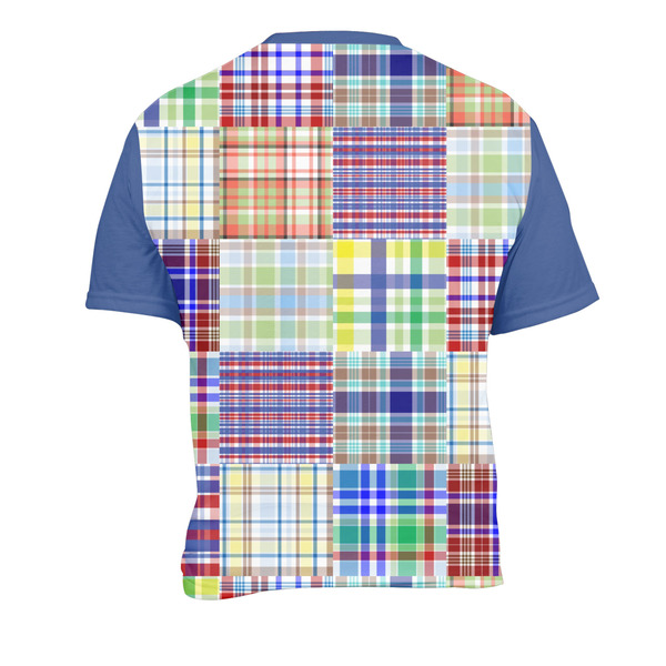 Blue Madras Plaid Print Men's Crew Neck T Shirt Medium - Back