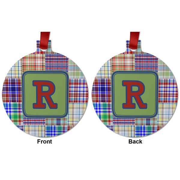 Blue Madras Plaid Print Metal Ball Ornament - Front and Back