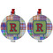 Blue Madras Plaid Print Metal Ball Ornament - Front and Back