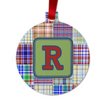 Blue Madras Plaid Print Metal Ball Ornament - Double Sided w/ Initial