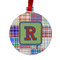 Blue Madras Plaid Print Metal Ball Ornament - Double Sided w/ Initial