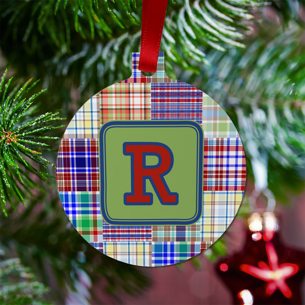 Blue Madras Plaid Print Metal Ball Ornament - Lifestyle