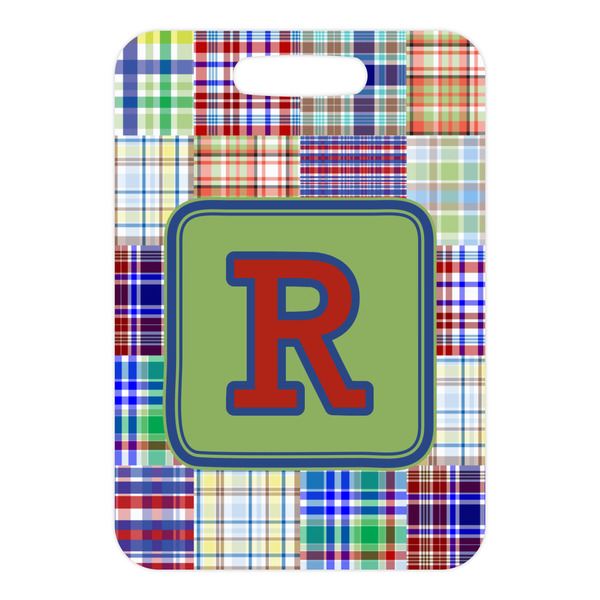 Blue Madras Plaid Print Metal Luggage Tag - Front Without Strap