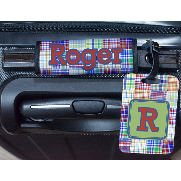 Blue Madras Plaid Print Metal Luggage Tag & Handle Wrap - In Context