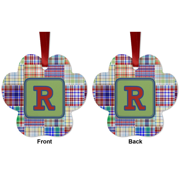 Blue Madras Plaid Print Metal Paw Ornament - Front and Back