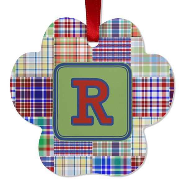 Custom Blue Madras Plaid Print Metal Paw Ornament - Double Sided w/ Initial