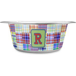 Blue Madras Plaid Print Stainless Steel Dog Bowl - Large (Personalized)