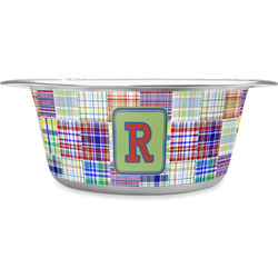 Blue Madras Plaid Print Stainless Steel Dog Bowl (Personalized)
