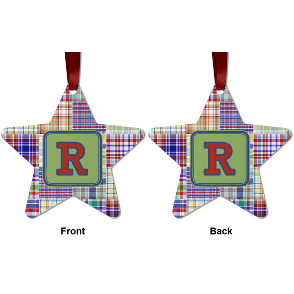Blue Madras Plaid Print Metal Star Ornament - Front and Back