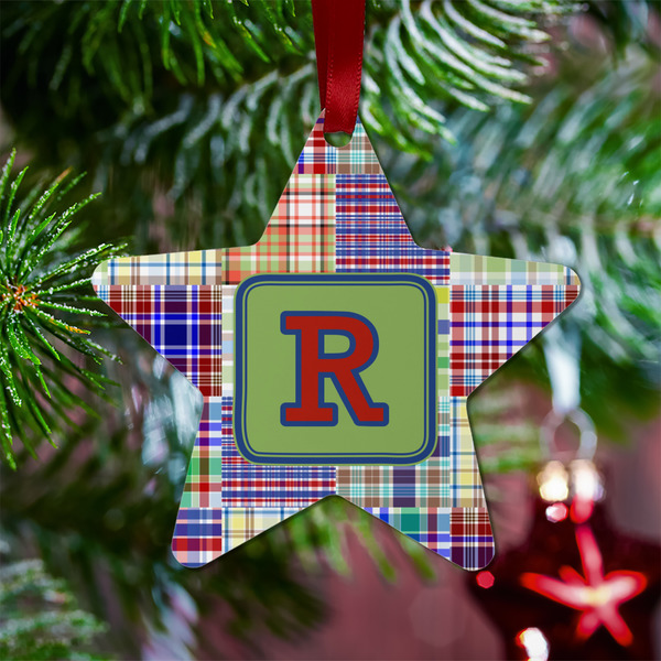 Blue Madras Plaid Print Metal Star Ornament - Lifestyle