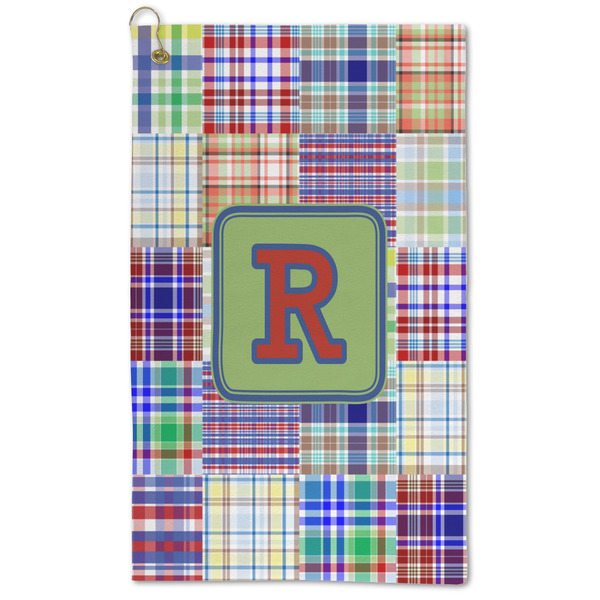Custom Blue Madras Plaid Print Microfiber Golf Towel (Personalized)