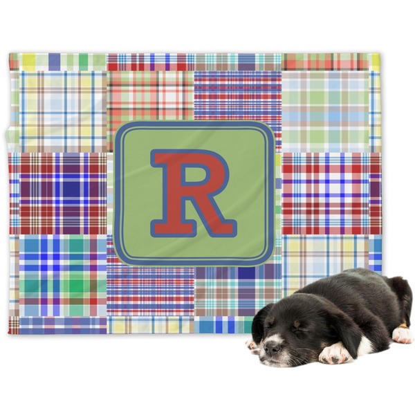 Custom Blue Madras Plaid Print Dog Blanket - Large (Personalized)