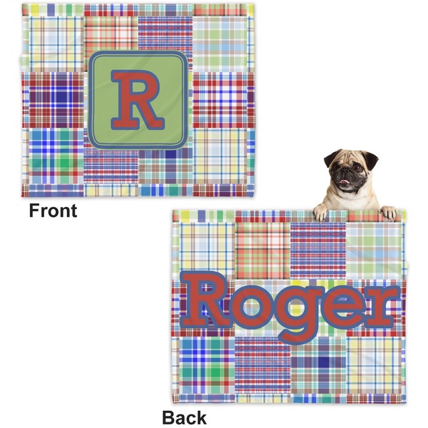 Blue Madras Plaid Print Microfleece Dog Blanket - Large- Front & Back