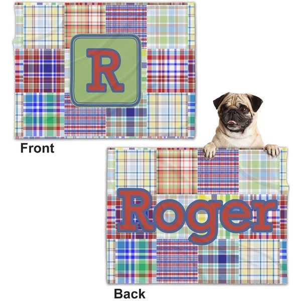 Blue Madras Plaid Print Microfleece Dog Blanket - Regular - Front & Back