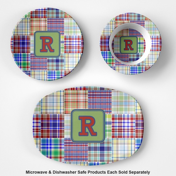 Blue Madras Plaid Print Microwave & Dishwasher Safe CP Plastic Dishware - Group