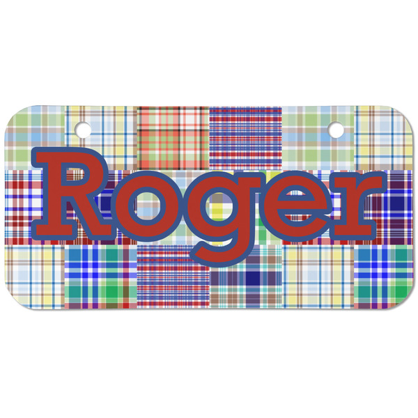 Blue Madras Plaid Print Mini Bicycle License Plate - Two Holes
