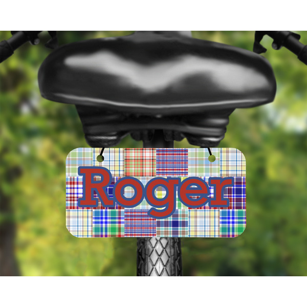 Blue Madras Plaid Print Mini License Plate on Bicycle - LIFESTYLE Two holes