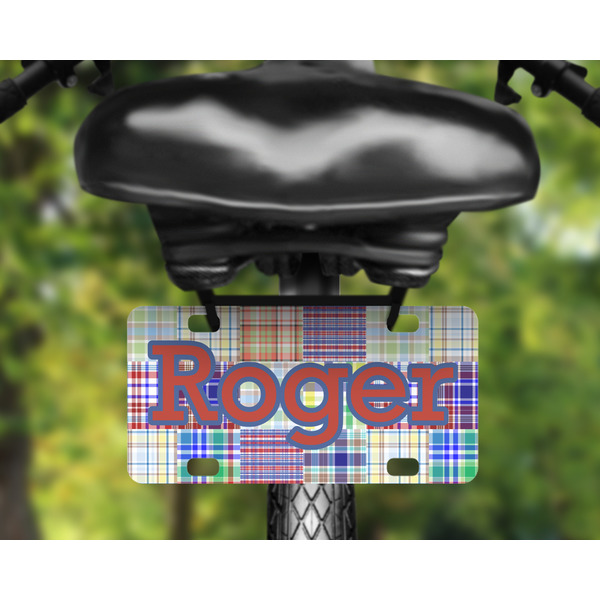 Blue Madras Plaid Print Mini License Plate on Bicycle