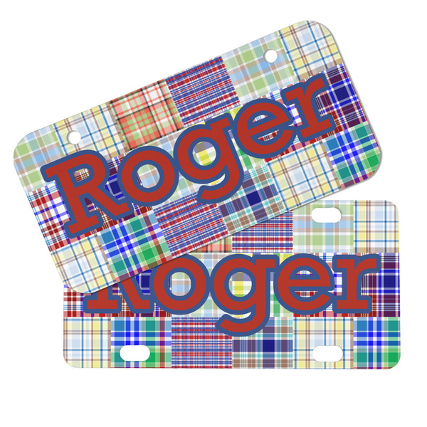 Blue Madras Plaid Print Mini License Plates - MAIN (4 and 2 Holes)