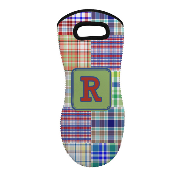 Custom Blue Madras Plaid Print Neoprene Oven Mitt - Single w/ Initial