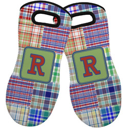 Blue Madras Plaid Print Neoprene Oven Mitts - Set of 2 w/ Initial