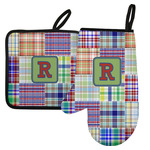 Blue Madras Plaid Print Left Oven Mitt & Pot Holder Set w/ Initial