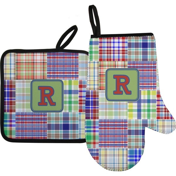 Custom Blue Madras Plaid Print Oven Mitt & Pot Holder Set w/ Initial