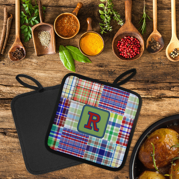 Blue Madras Plaid Print Neoprene Pot Holder - Set of 2  LIFESTYLE (Flatlay)