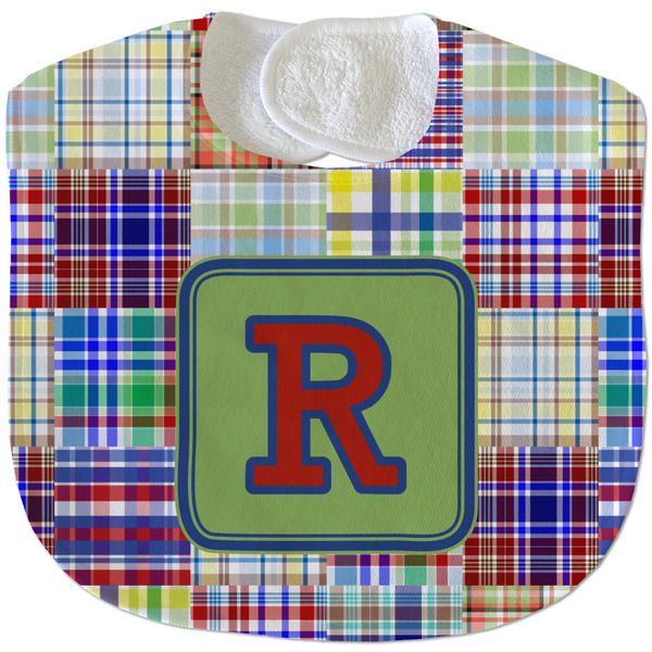 Blue Madras Plaid Print New Baby Bib - Closed and Folded