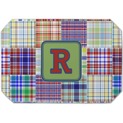 Blue Madras Plaid Print Dining Table Mat - Octagon (Single-Sided) w/ Initial