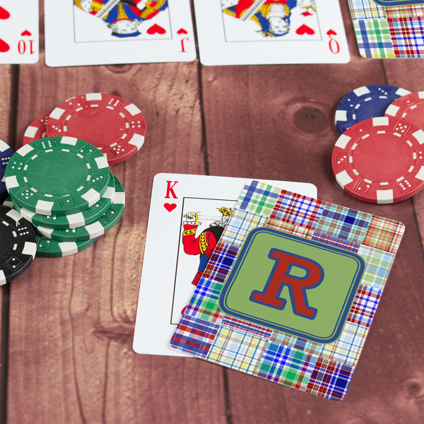 Blue Madras Plaid Print On Table with Poker Chips