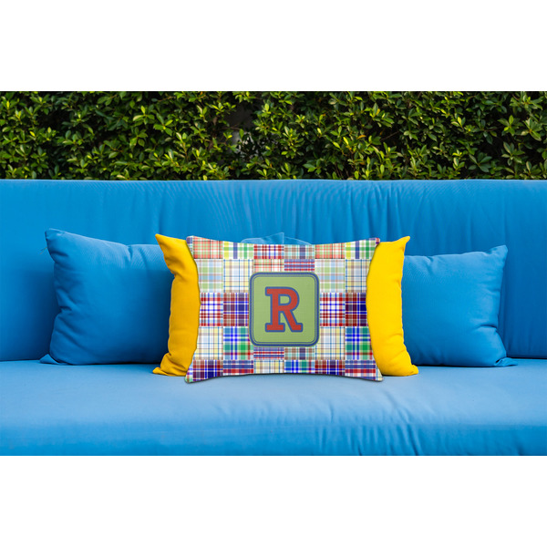Blue Madras Plaid Print Outdoor Throw Pillow  - LIFESTYLE (Rectangular - 20x14)