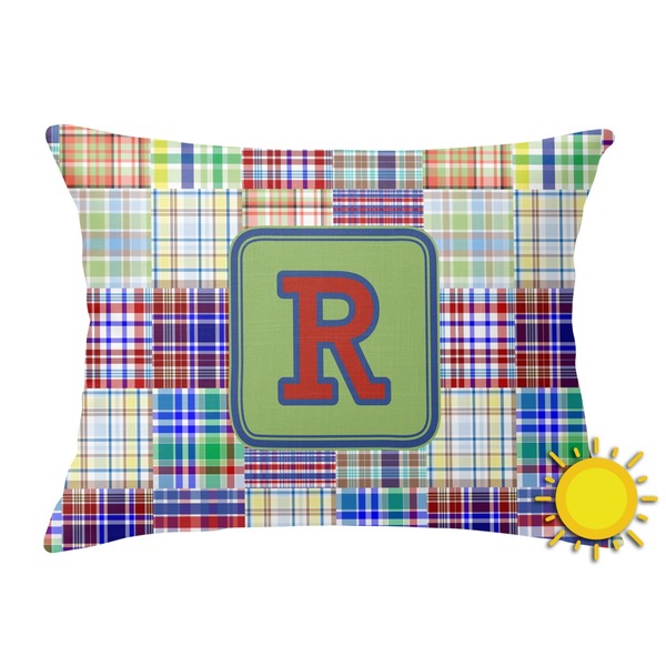 Custom Blue Madras Plaid Print Outdoor Throw Pillow (Rectangular) (Personalized)