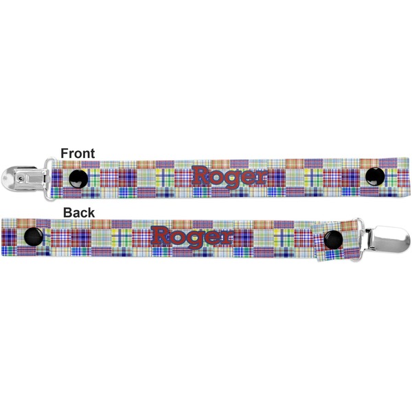 Blue Madras Plaid Print Pacifier Clip - Front and Back