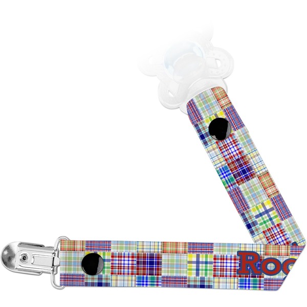 Custom Blue Madras Plaid Print Pacifier Clip (Personalized)