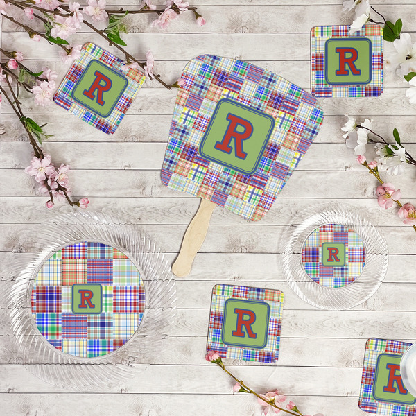 Blue Madras Plaid Print Party Supplies Combination Image - All items - Plates, Coasters, Fans