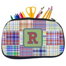 Blue Madras Plaid Print Neoprene Pencil Case - Medium w/ Initial