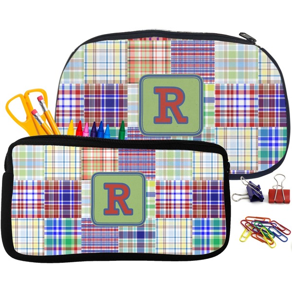 Blue Madras Plaid Print Pencil / School Supplies Bags Small and Medium