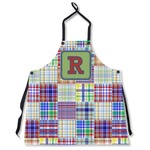 Blue Madras Plaid Print Apron Without Pockets w/ Initial