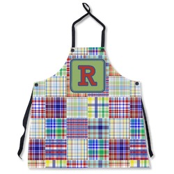 Blue Madras Plaid Print Apron Without Pockets w/ Initial