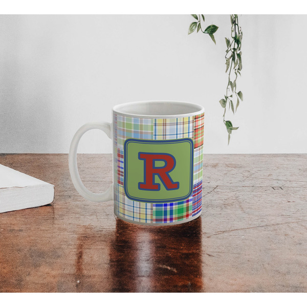 Blue Madras Plaid Print Personalized Coffee Mug - Lifestyle